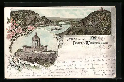 Lithographie Porta Westfalica, Panorama, Denkmal Kaiser Wilhelm I.