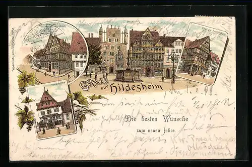 Lithographie Hildesheim, Gasthaus Domschenke, Haus am Andreasplatz, Altdeutsches Haus