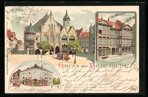 Lithographie Hildesheim, Wiener Cafe, Rathaus, Mittelalterliches Haus