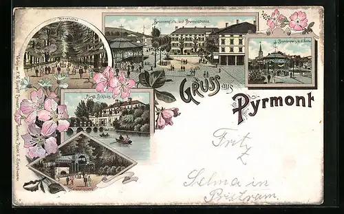 Lithographie Pyrmont, Fürstliches Schloss, Helenenquelle, Brunnenplatz mit der Kirche