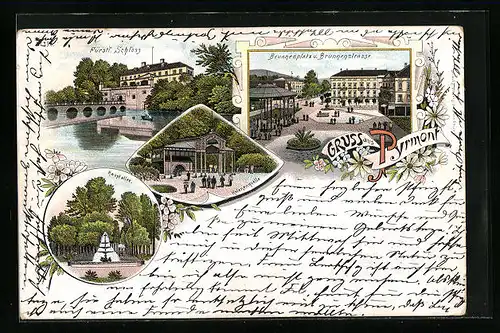 Lithographie Pyrmont, Fürstliches Schloss, Brunnenplatz und Brunnenstrasse, Helenenquelle