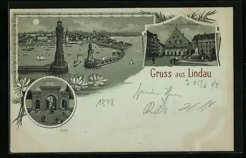 Mondschein-AK Lindau, Hafeneinfahrt aus der Vogelschau, Landthor, Rathhaus und neuer Brunnen