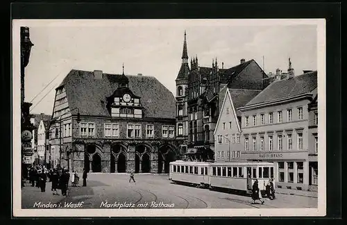 AK Minden i. W., Marktplatz mit Rathaus und Strassenbahn