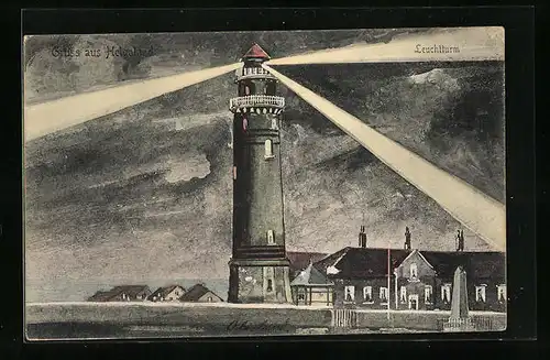 Künstler-AK Helgoland, Ortspartie mit Leuchtturm bei Nacht