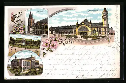 Lithographie Köln, Hauptbahnhof, Richard-Wagner-Museum, Rathaus