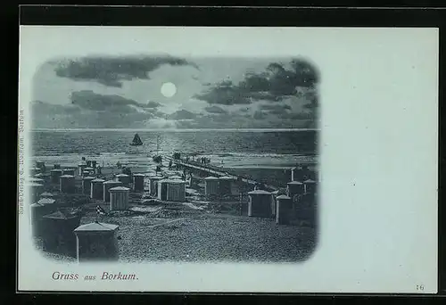 Mondschein-AK Borkum, Nordseepanorama vom Strand gesehen