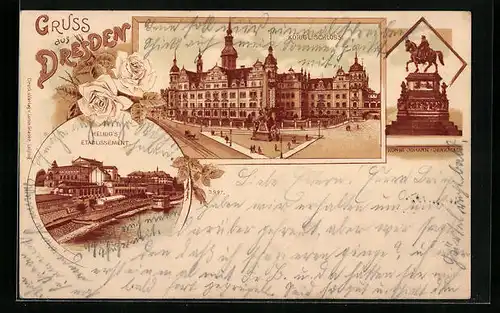 Lithographie Dresden, Königl. Schloss, König Johann-Denkmal, Helbig`s Gasthaus