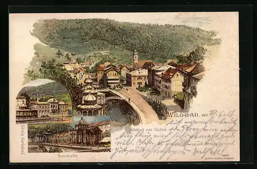 Lithographie Wildbad, Ortsansicht von Süden, König Karlsbad und Trinkhalle