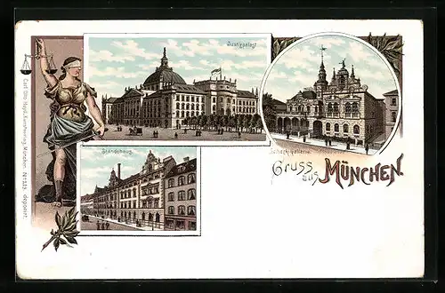 Lithographie München, Justizpalast, Schack-Gallerie und Ständehaus