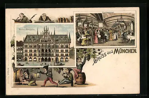 Lithographie München, Neues Rathaus mit Ratskeller