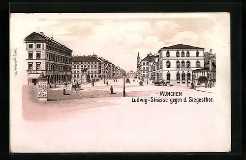 Lithographie München, Ludwig-Strasse gegen das Siegestor