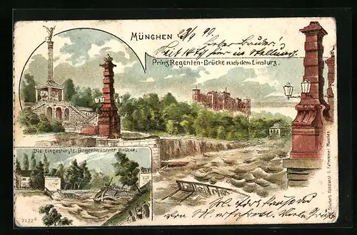 Lithographie München, Prinz Regenten-Brücke nach dem Einsturz und die eingestürzte Bogenhausener Brücke