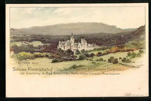 Lithographie Kronberg, Schloss Friedrichshof mit Wiesen und Hügeln