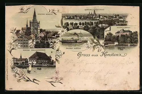 Lithographie Konstanz, Münster, Schloss Mainau, Bodenseedampfer