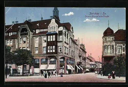 AK Zwickau i. Sa., Innere Plauensche Strasse mit Geschäften