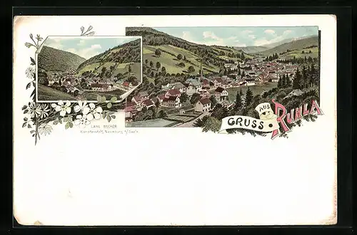 Lithographie Ruhla, Ortsansicht aus der Vogelschau