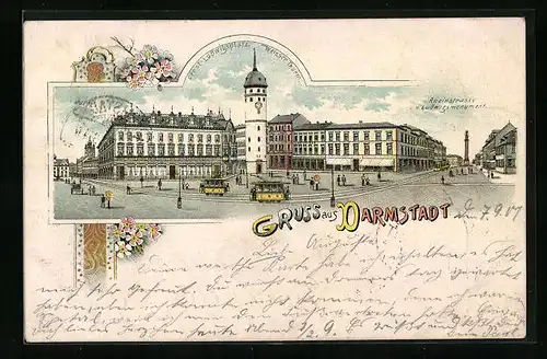 Lithographie Darmstadt, Ernst-Ludwigsplatz mit Weissem Turm und Strassenbahnen