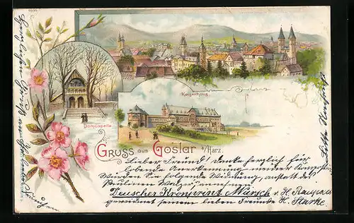 Lithographie Goslar /Harz, Ortsansicht, Kaiserhaus und Domkapelle
