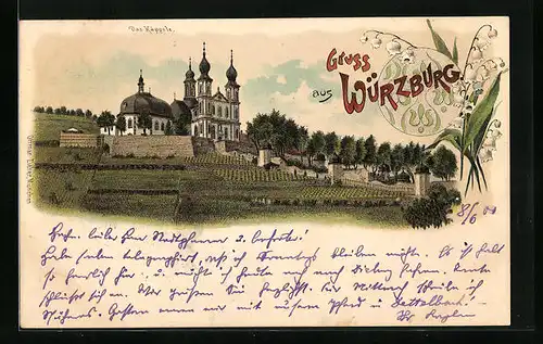 Lithographie Würzburg, Das Käppele mit Weinbergen