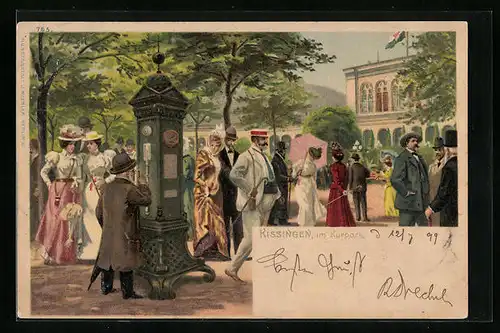 Lithographie Kissingen, Partie im Kurpark mit Wettersäule