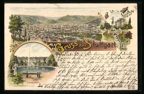 Lithographie Stuttgart, Ortsansicht aus der Vogelschau und K. Residenzschloss