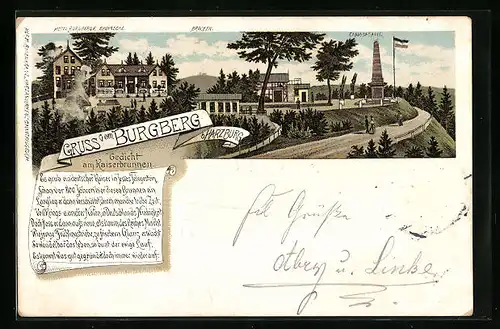 Lithographie Harzburg, Burgberg mit Canossasäule und Hotel Burgberge