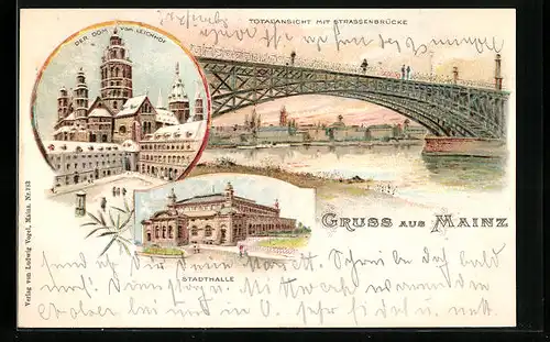 Lithographie Mainz, Totalansicht mit Strassenbrücke, Dom und Stadthalle