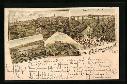 Lithographie Remscheid, Ortsansicht, Talsperre, Schloss Burg, Eisenbahnbrücke