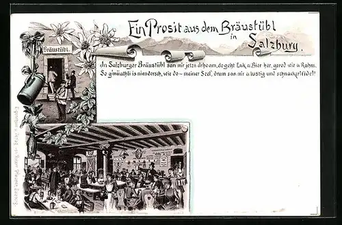 Lithographie Salzburg, Gasthaus Bräustübl, Innenansicht