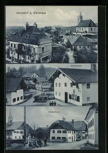 AK Henndorf a. Wallersee, Reichsstrasse, Teilansicht mit Kirche, Kirchenplatz