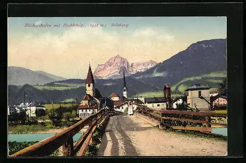 AK Bischofshofen, Uferpartie mit Brücke und Hochkönig