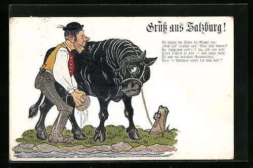 Künstler-AK Salzburg, Bauer mit einem Stier