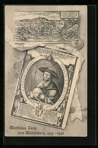 Künstler-AK Salzburg, Totalansicht, Portrait von Matthäus Lang von Wellenburg, 1519-1540