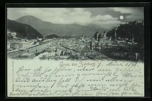 Mondschein-AK Salzburg, Stadtansicht bei Vollmond