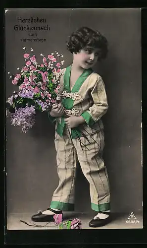 Foto-AK Photochemie Berlin Nr. 5688 /4: Knabe mit Blumenstrauss zum Namenstage