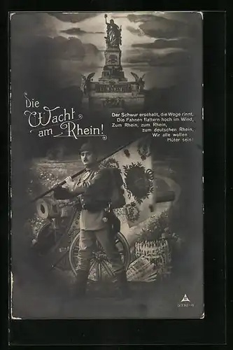 Foto-AK Photochemie Berlin Nr. 3030-6: Die Wacht am Rhein, Soldat mit Flagge, Kaiser Wilhelm-Denkmal