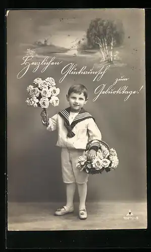 Foto-AK Photochemie Berlin Nr. 10270-5: frecher Bube im Matrosenanzug mit Blumen zum Geburtstage