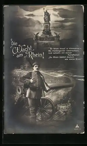 Foto-AK Photochemie Berlin Nr. 3030-3: Die Wacht am Rhein, Kaiser Wilhelm-Denkmal, Soldat mit Kanone