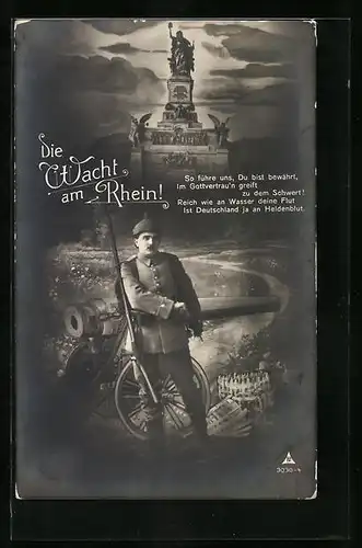 Foto-AK Photochemie Berlin Nr. 3030-4: Die Wacht am Rhein, Kaiser Wilhelm-Denkmal, Soldat mit Gewehr und Kanone