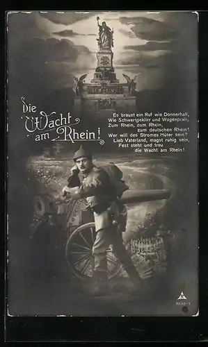 Foto-AK Photochemie Berlin Nr. 3030-1: Die Wacht am Rhein, Kaiser Wilhelm-Denkmal, Soldat mit Gewehr und Kanone