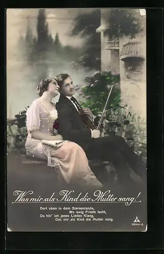 Foto-AK Photochemie Berlin Nr. 9044-6: Was mir als Kind die Mutter sang!, Liebespaar mit Geige und Notenheft