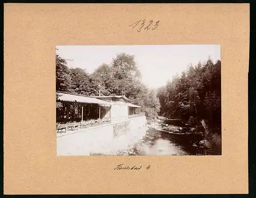 Fotografie Brück & Sohn Meissen, Ansicht Karlsbad, Partie an der Tepl mit Cafe Freundschaftssaal