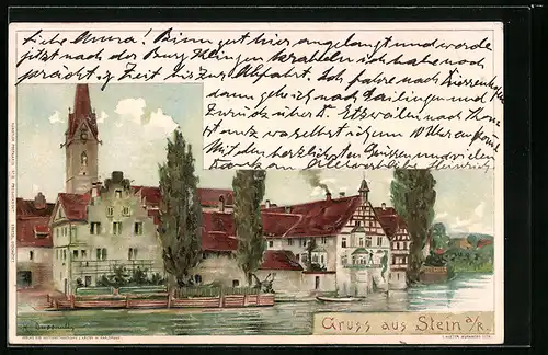 Lithographie Stein a. R., Gebäude am Rheinufer