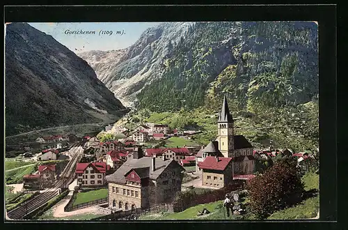 AK Goeschenen, Panorama mit Gebirgswand
