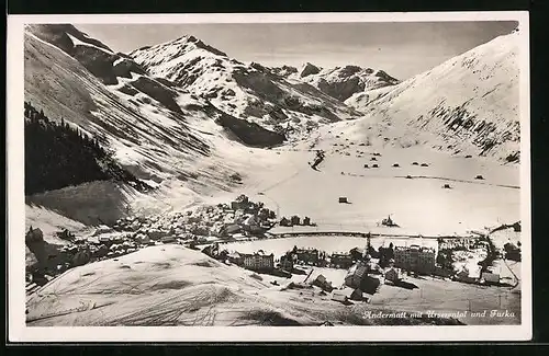 AK Andermatt, Gesamtansicht mit Furka im Winter