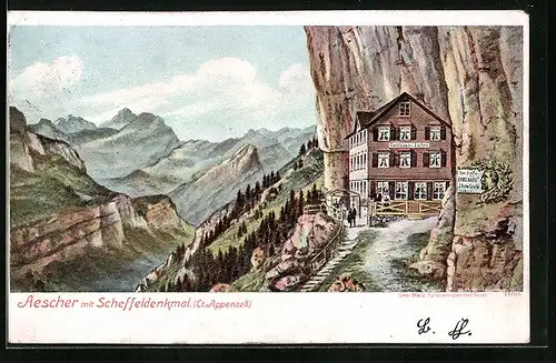 AK Wasserauen, Berggasthaus Aescher mit Scheffeldenkmal