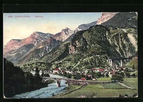 AK Amsteg, Gesamtansicht mit Brücke