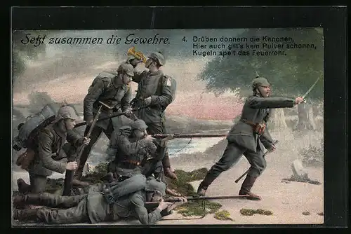 AK Setzt zusammen die Gewehre, Soldaten der Infanterie auf dem Schlachtfeld