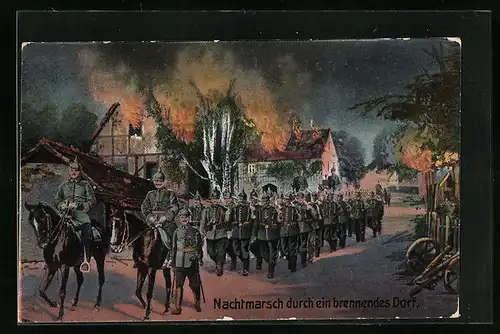 AK Nachtmarsch durch ein brennendes Dorf, Soldaten der Infanterie