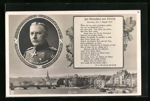 AK Portrait des Heerführers Gen. d. Inf. v. Emmich zur Einnahme von Lüttich